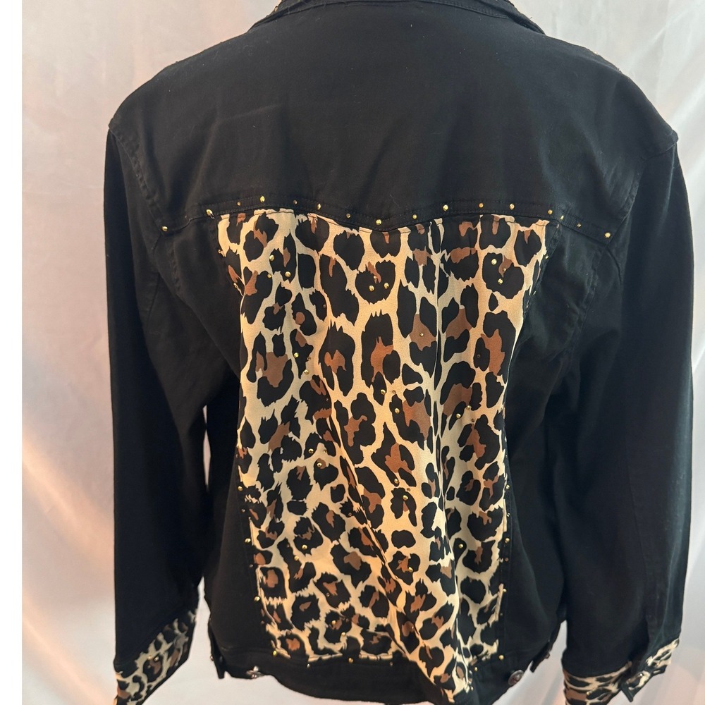 Janie New York Black Denim Jacket Leopard Print Studded Trucker Women Large - Picture 8 of 13